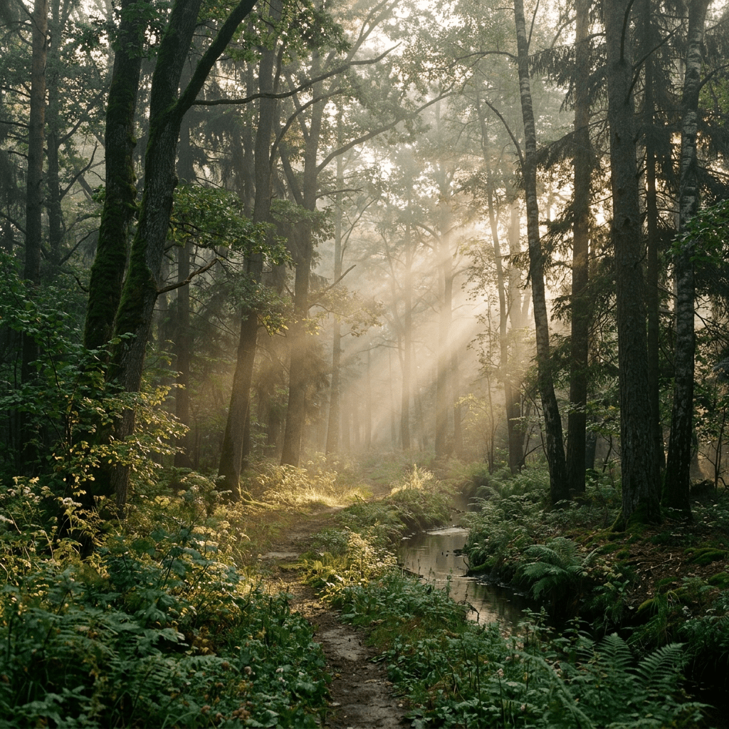 Forest path beside a small stream with sunbeams shining through tall trees